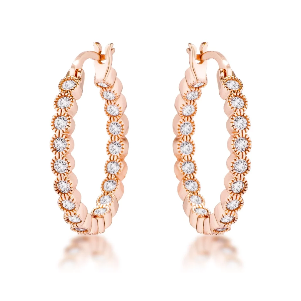 Rose Gold Plated Dotted Clear CZ Round Bezel Hoop Earrings