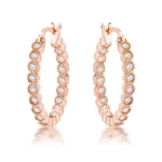 Rose Gold Plated Dotted Clear CZ Round Bezel Hoop Earrings