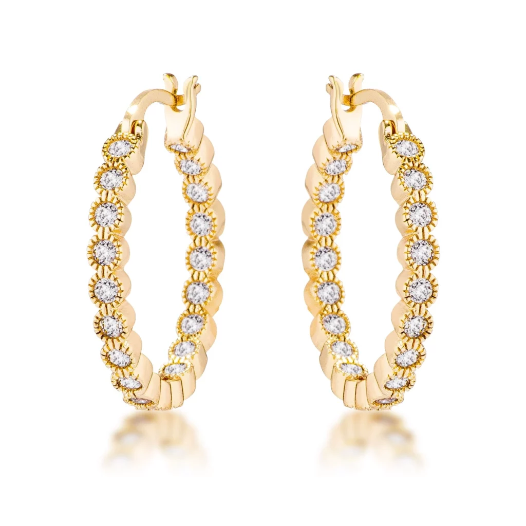 Gold Plated Dotted Clear CZ Round Bezel Hoop Earrings