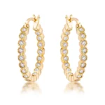 Gold Plated Dotted Clear CZ Round Bezel Hoop Earrings