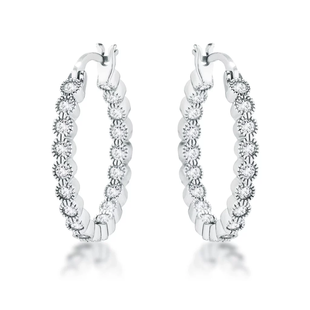 Rhodium Plated Dotted Clear CZ Round Bezel Hoop Earrings