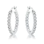 Rhodium Plated Dotted Clear CZ Round Bezel Hoop Earrings