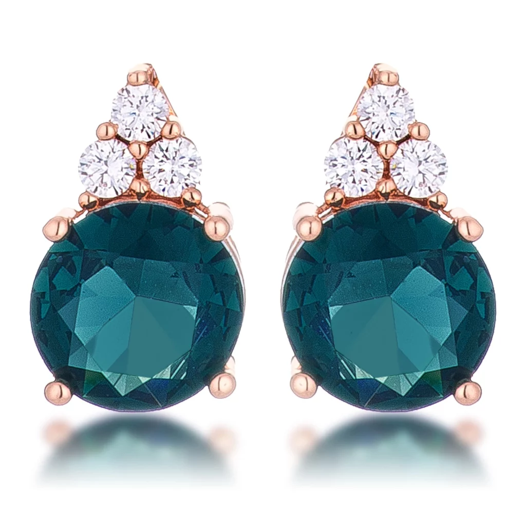 Simple Rose Gold Plated 9mm Blue Green CZ Stud Earring