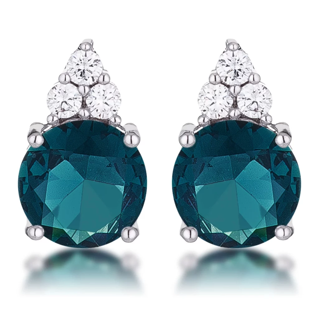 Simple Rhodium Plated 9mm Blue Green CZ Stud Earring