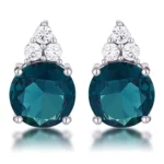 Simple Rhodium Plated 9mm Blue Green CZ Stud Earring