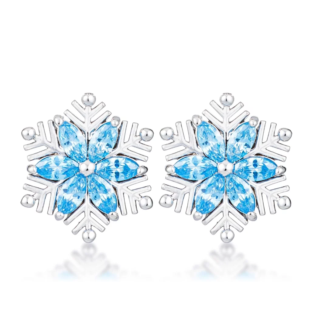 Rhodium Plated Aqua Blue Marquise Snowflake Earrings