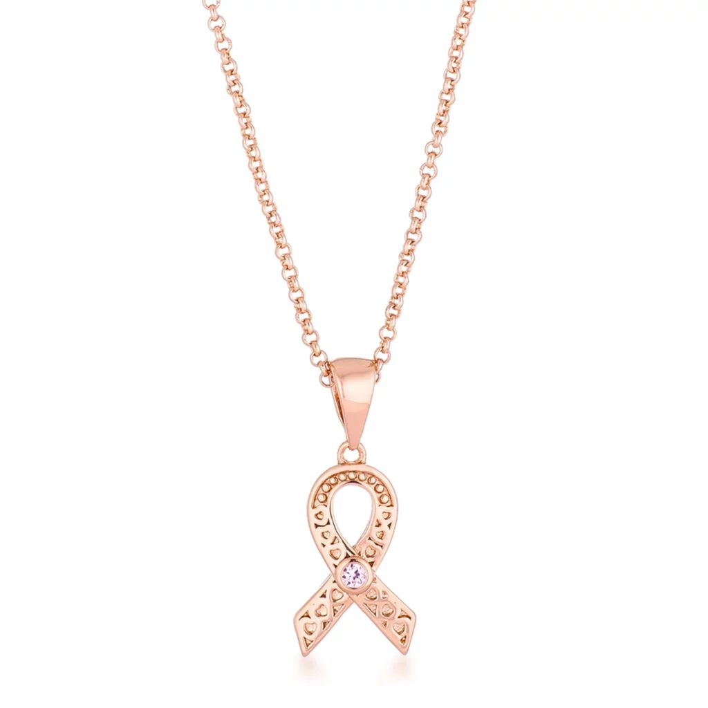 18k Rose Gold Plated Heart Filigree Breast Cancer Awareness Ribbon Pendant