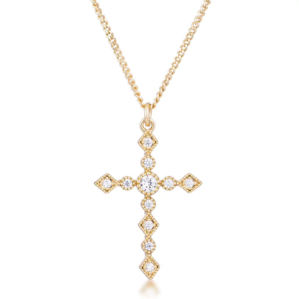 Dainty Art Deco Gold Plated Clear CZ Cross Pendant