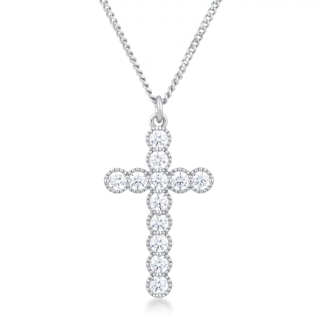 Micro Beaded Rhodium Plated Clear CZ Cross Pendant
