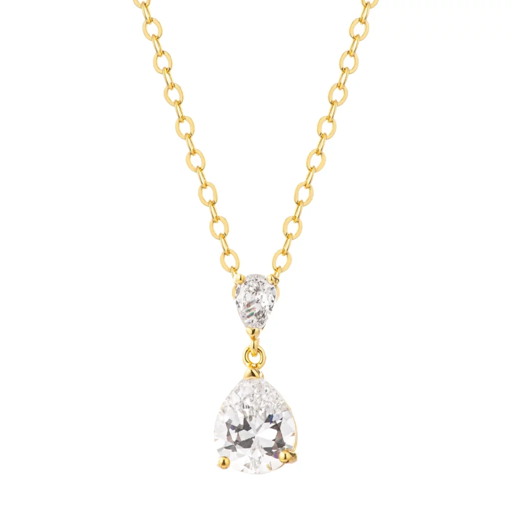 18K Gold Plated Double Pear CZ Drop Pendant Necklace
